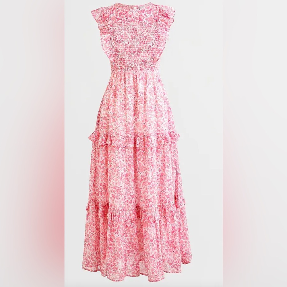 Banjanan Smocked Tiered Maxi Dress in Pink Meadow Floral Print Size Medium